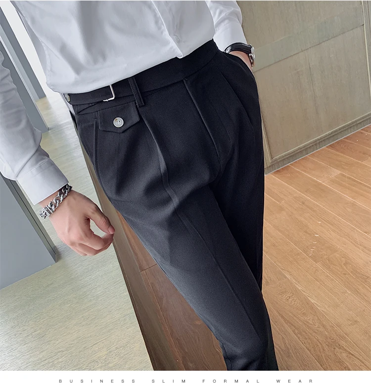 calça masculina de cintura alta, roupa formal, calça justa, qualidade sólida