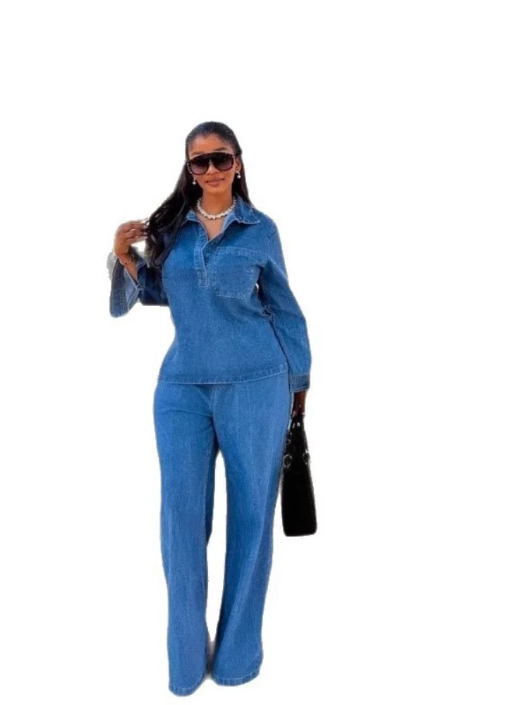 Wmstar Two Piece Set Denim Women Wholesale New Woman Sets Long Sleeved Lapel Pocket Top Lace Up Straight Leg Trousers 2025