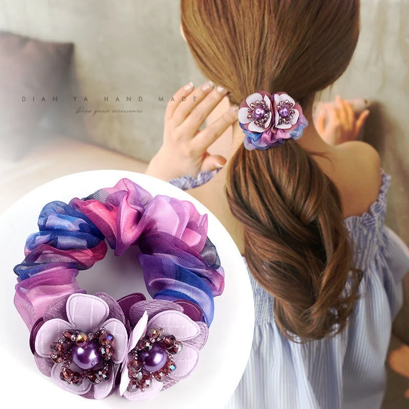

Korean Elegant Flower Scrunchie Women Girls Elastic Hair Rubber Bands Accessories Tie Hair Ring Rope Headdress Headwear Ornament