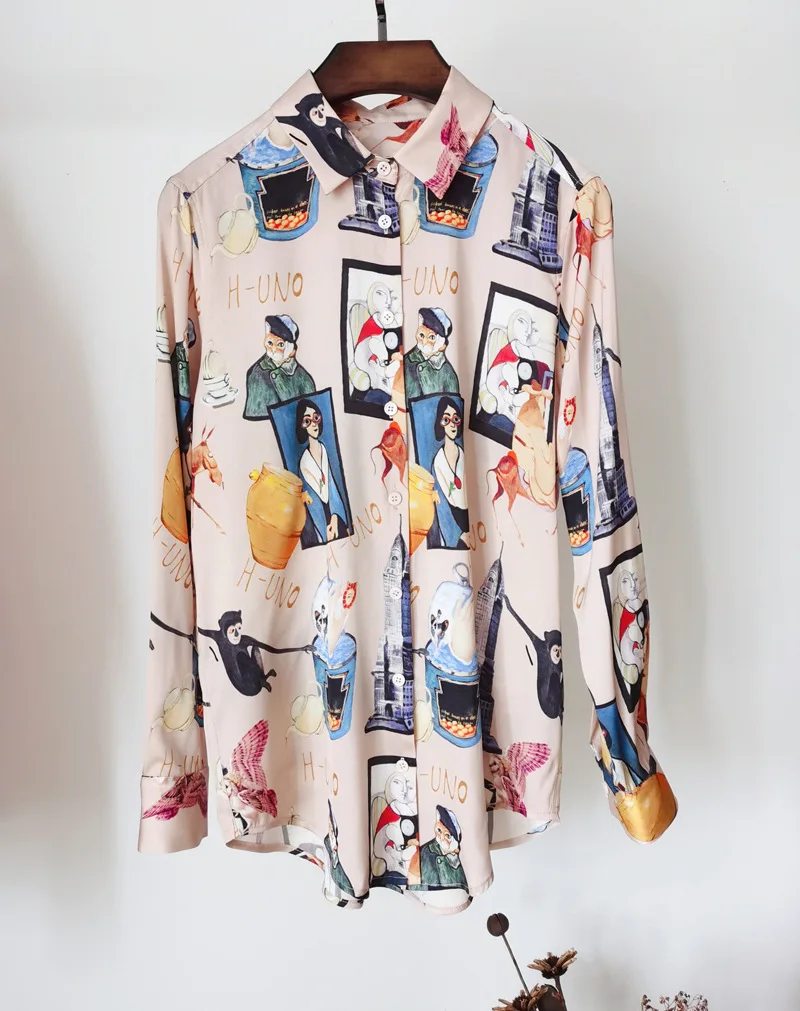 

Spring Summer OL Long Sleeves Vintage Blouses Hot Fashion Print Women's Silk Shirt Tops A669