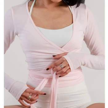 Women Sexy Wrap Crop Tops Tees Long Sleeve Deep V Neck Tie Workout Ballet Pilates Yoga T-Shirts with Thumb Holes Cropped Tops 1