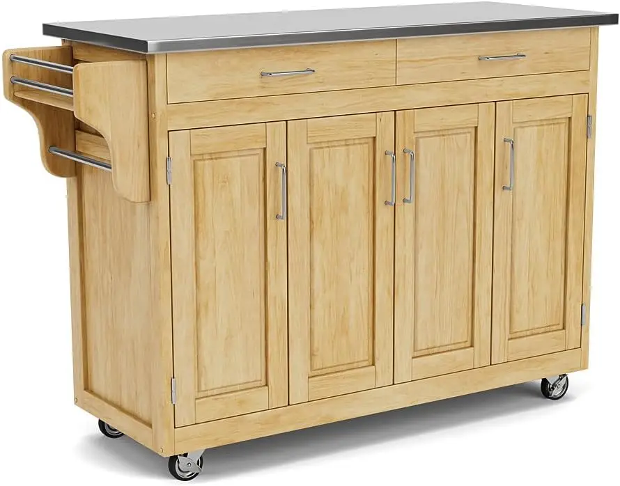 

Natural Finish Steel Top Cabinet w/ Four Wood Panel Doors, 3 Adjustable Shelves, 2 Drawers, 2 Towel Bars and Rubber Casters