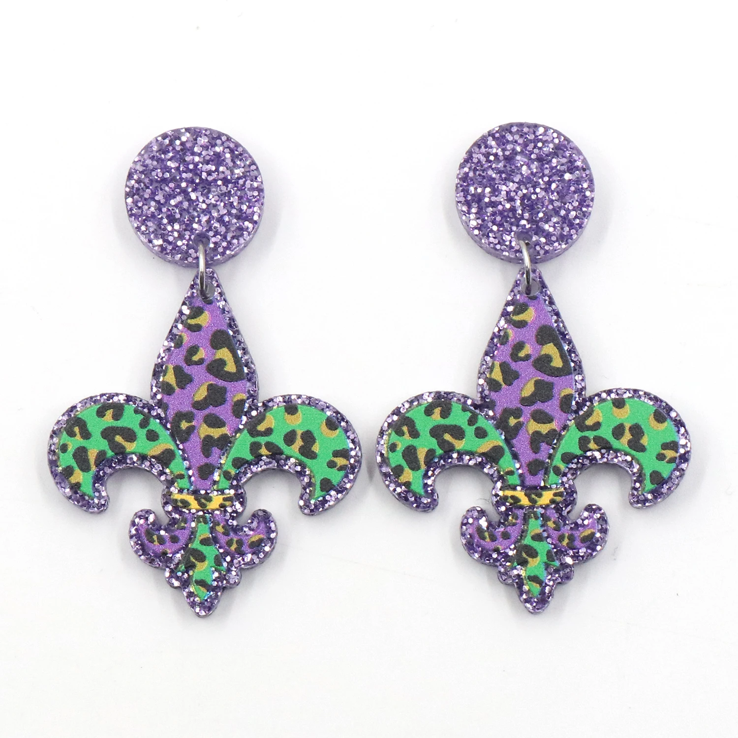 

1pair New product CN Drop Leopard Fleur de lis TRENDY Mardi Gras Acrylic glitter earrings Jewelry for women