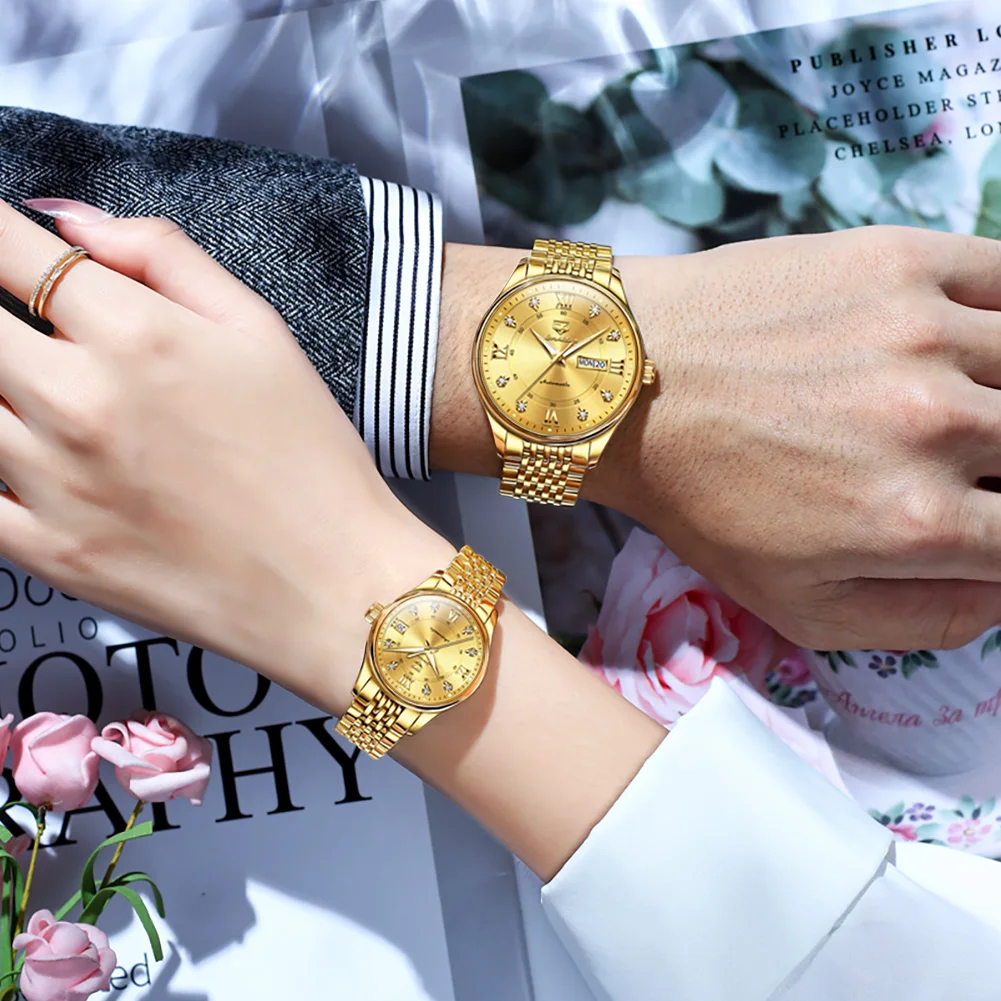 JSDUN 8939 Couple Watches Calendar Diamond Scale Original Automatic Mechanical Wristwatch Stainless Steel Waterproof Watches