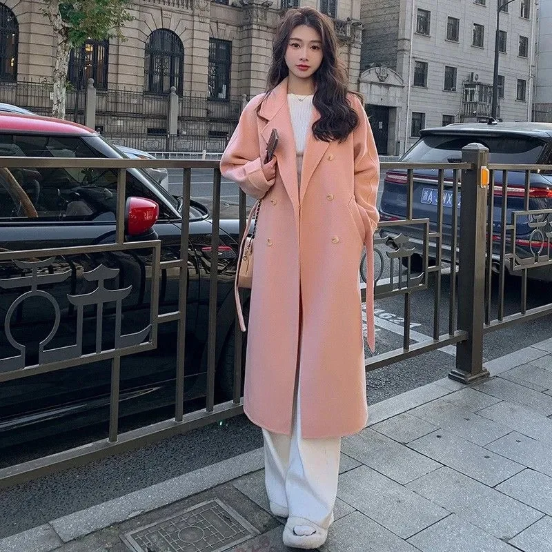 Korean Fashion Women Casual Loose Woolen Coat Elegant and Chic Solid Outerwear Long Overcoat with Belted Female Warm Cloak