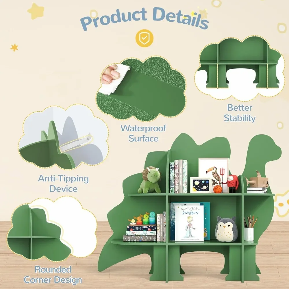 Dinosaur Kids Bookshelf, 2-Tier Bookshelf for Kids, Baby Bookshelf and Toy Storage, Wooden Kids Bookcase, Toddler Book Shelf 4