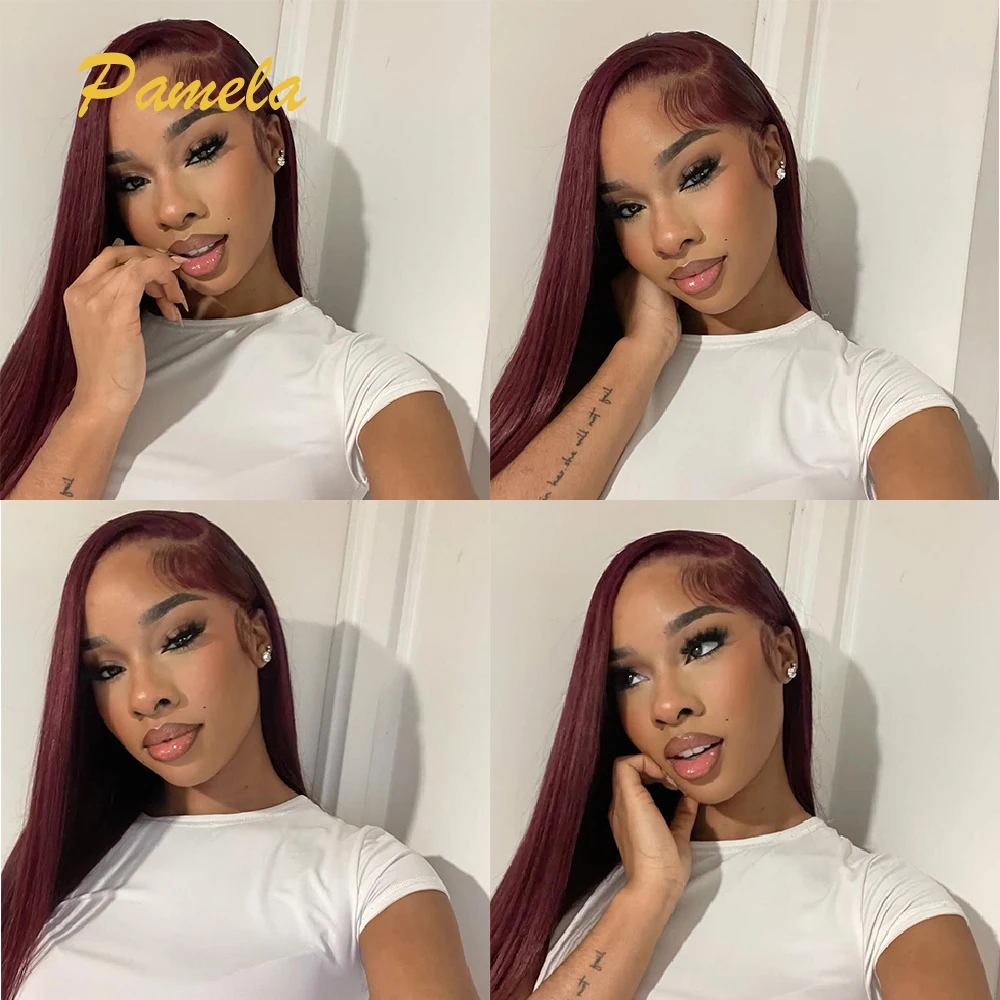 250% Density Burgundy Bone Straight 13x4 Lace Front Wig 99j Colored 9x6 Transparent Lace Closure Human Hair Wigs For Women
