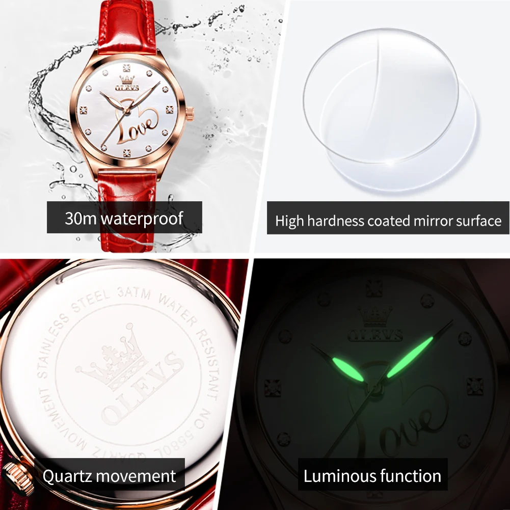 OLEVS Watch for Women Luxury Diamond Love Luminous Dial Women's Watch Waterproof Leather Strap Elegant Ladies Quartz Watch Reloj