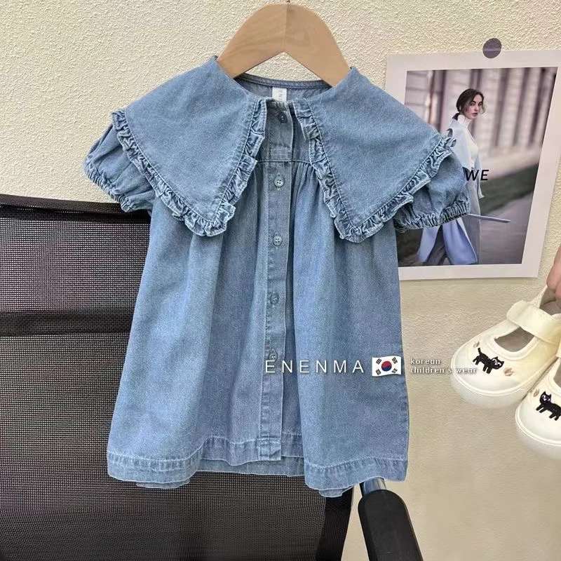 Children's Dress Summer Girl's Fashionable Bubble Sleeves Denim Dress Baby Cotton Short Sleeves Flip Collar Princess
