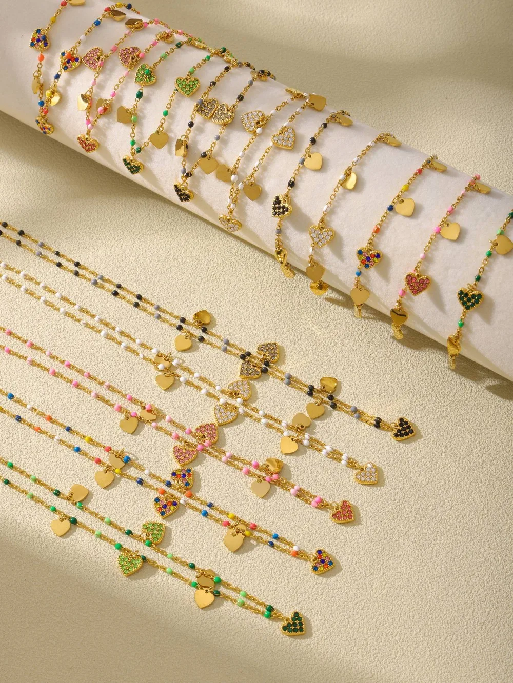 Mehrfarbiges Fußkettchen-Set mit Herz-Zirkonia-Anhänger, Halskette, Armband, Edelstahl 316, vergoldet, wasserdicht, Luxus-Schmuck, Geschenk – Detail 20