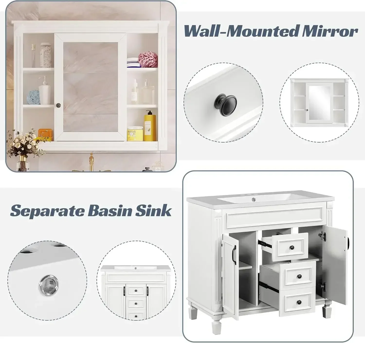 36” Bathroom Vanity with Sink, 36 inch Bathroom Vanity Cabinet with Matching Mirror Medicine Cabinet, Bathroom Storage Cabinet