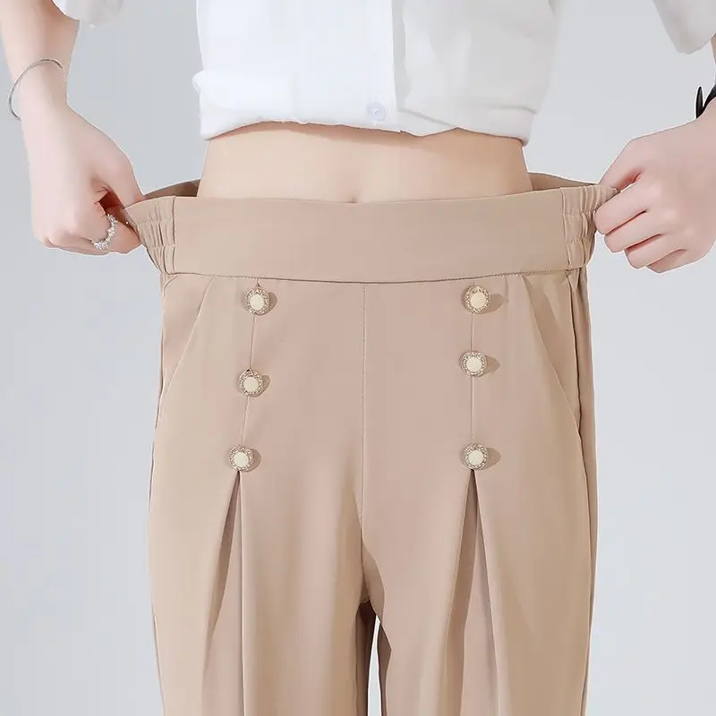 2024 Summer Temperament Commuting Minimalist Fashion High Waisted Button Straight Leg Solid Color Ice Silk Suit Cropped Pants