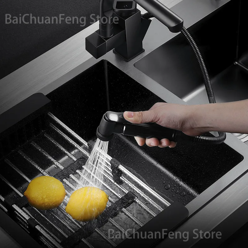 Double Luxury Wash Basin Trough Sink 304 Stainless Steel Kitchen Sinks Black Nano Wash Basin Under Platform Kitchen Accessories