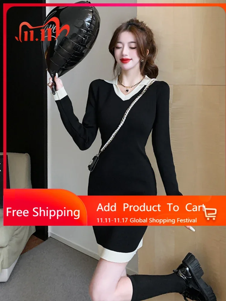 

Женское трикотажное облегающее платье-пуловер с лацканами, V-образным вырезом и длинными рукавами