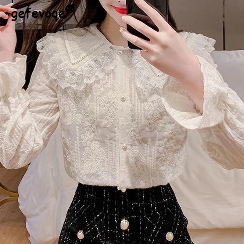 

2024 Spring Women Trendy Retro Lace Embroidery Button Up Shirt Sweet Peter Pan Collar Long Sleeve Blouse Chic Design White Tops
