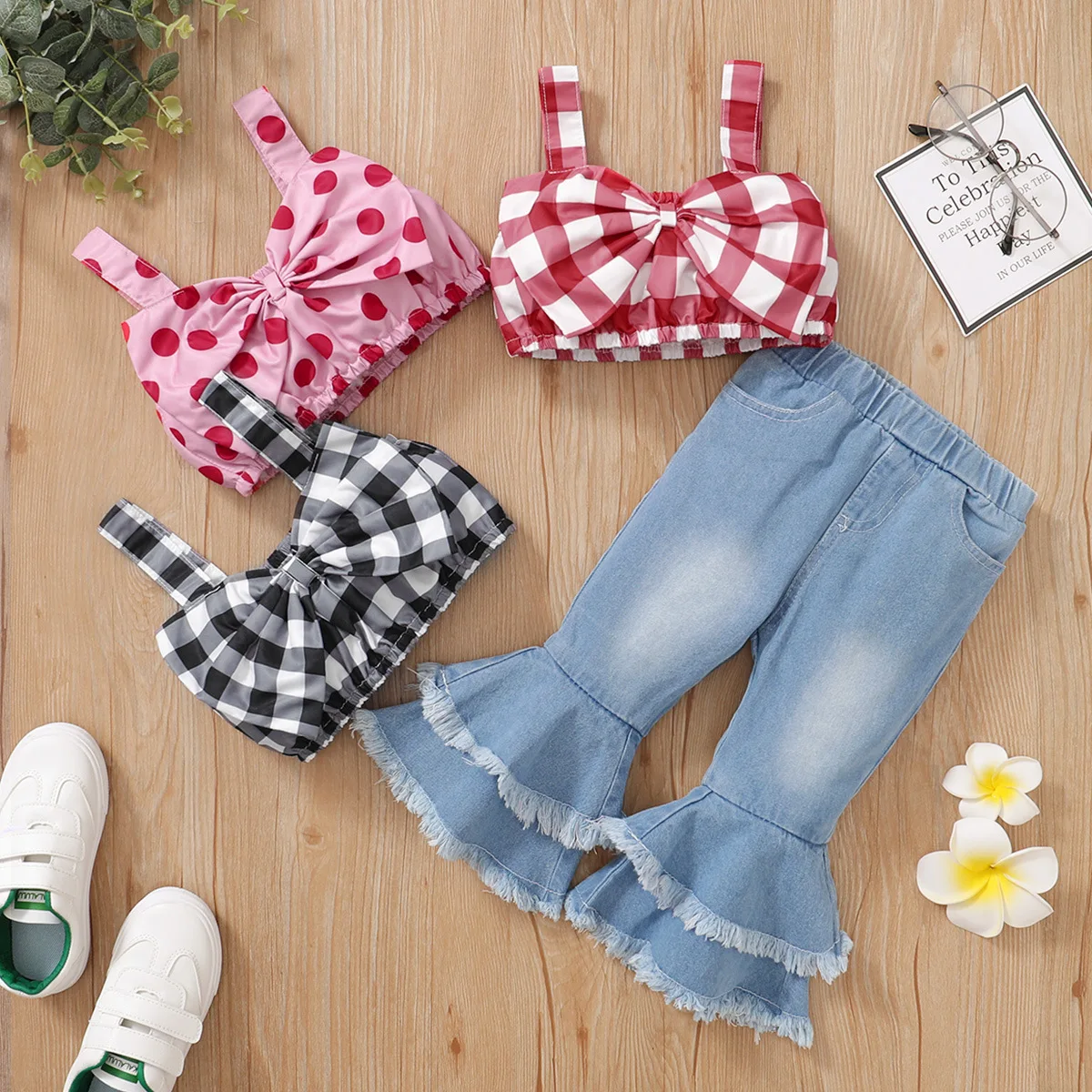 baby clothes mini set Girls children's clothing  summer new baby girl plaid suspender bow top + flared denim trousers girls casual suit baby shirt clothing set