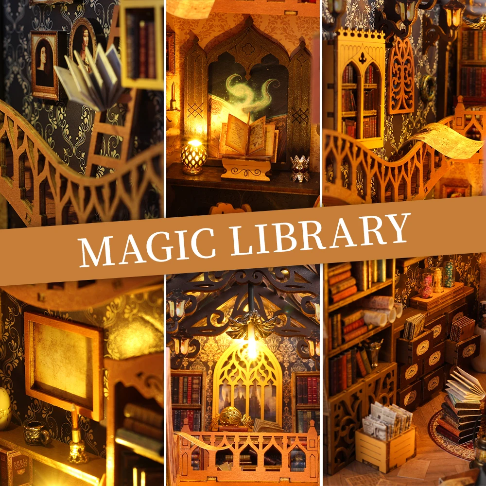 DIY Book Nook Wooden Miniature Model Kit Magic Library Casa Bookend Assembled 3D Puzzle Bookshelf Home Decor Friends Gifts 5