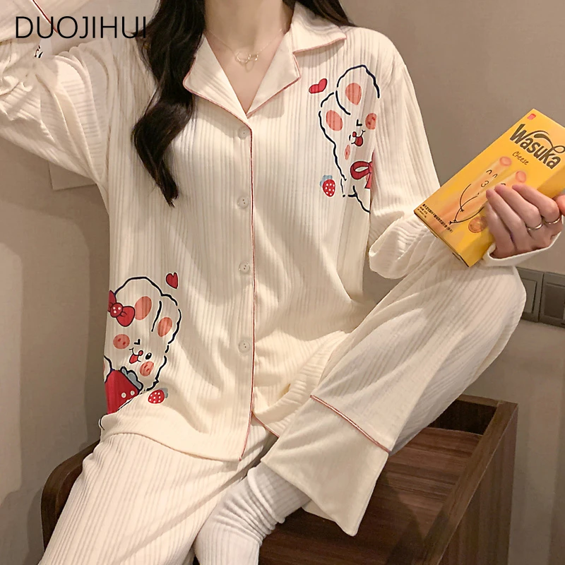 

DUOJIHUI Two Piece Sweet Loose M-2XL Women Pajamas Set Autumn Chicly Button Cardigan Simple Casual Pant Fashion Female Sleepwear