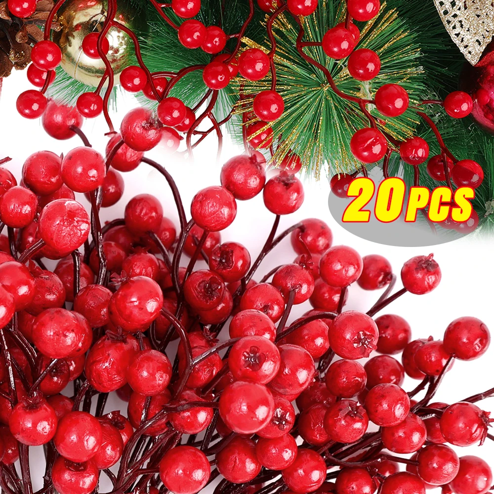 20/1Pcs Christmas Artificial Red Berries Branches Fake Foam Berry Flower Plants DIY Garland Xmas Tree New Year Party Table Decor