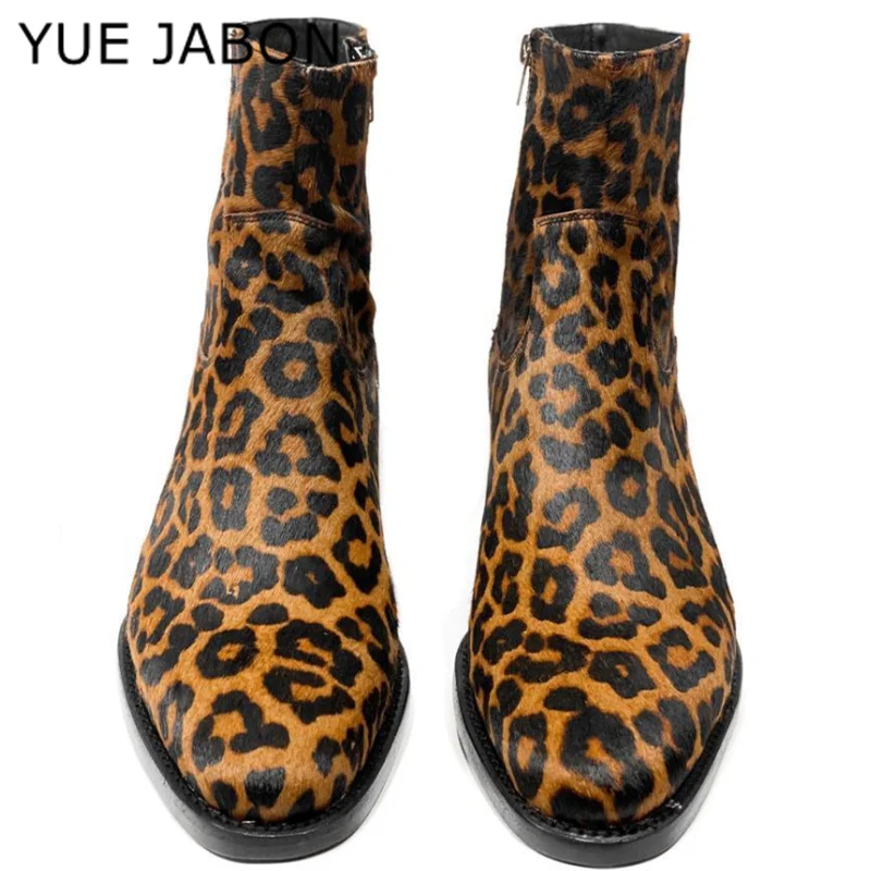 British Style Leopard Printed Genuine Leather Men's Ankle Boots Brown Zipper Business Men Boots Zapatos Para Moto Hombre