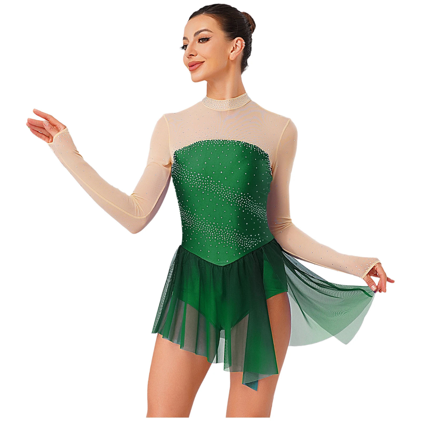 Damen Gymnastik Künstlerisches Eiskunstlauf-Ballett-Trikot-Kleid mit Strasssteinen, durchsichtiges Mesh, lyrisches Latin-Tanz-Bodysuit-Kleid – Detail 34