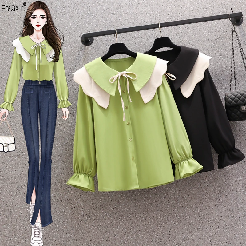 

EHQAXIN 2023 Spring New Women's Shirt Casual Fashion Doll Neck Loose Buttons Flare Sleeve Cardigan Tops For Ladies M-4XL