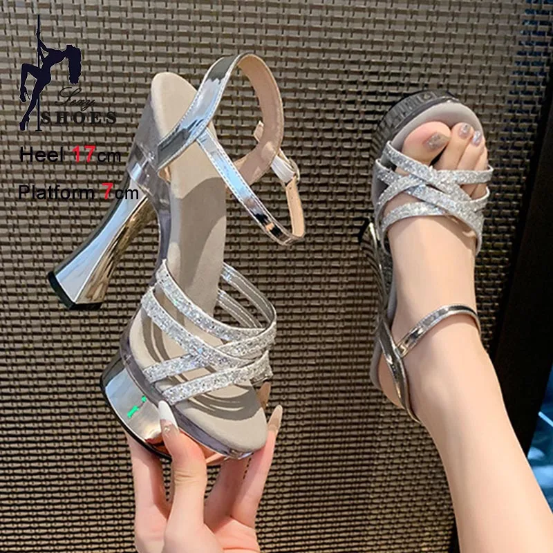 Fashion Rhinestone Super High Heels Women Sandals Casual Comfortable Sandals Clear Crystal Pole Dance Model Show Ladies Shoes