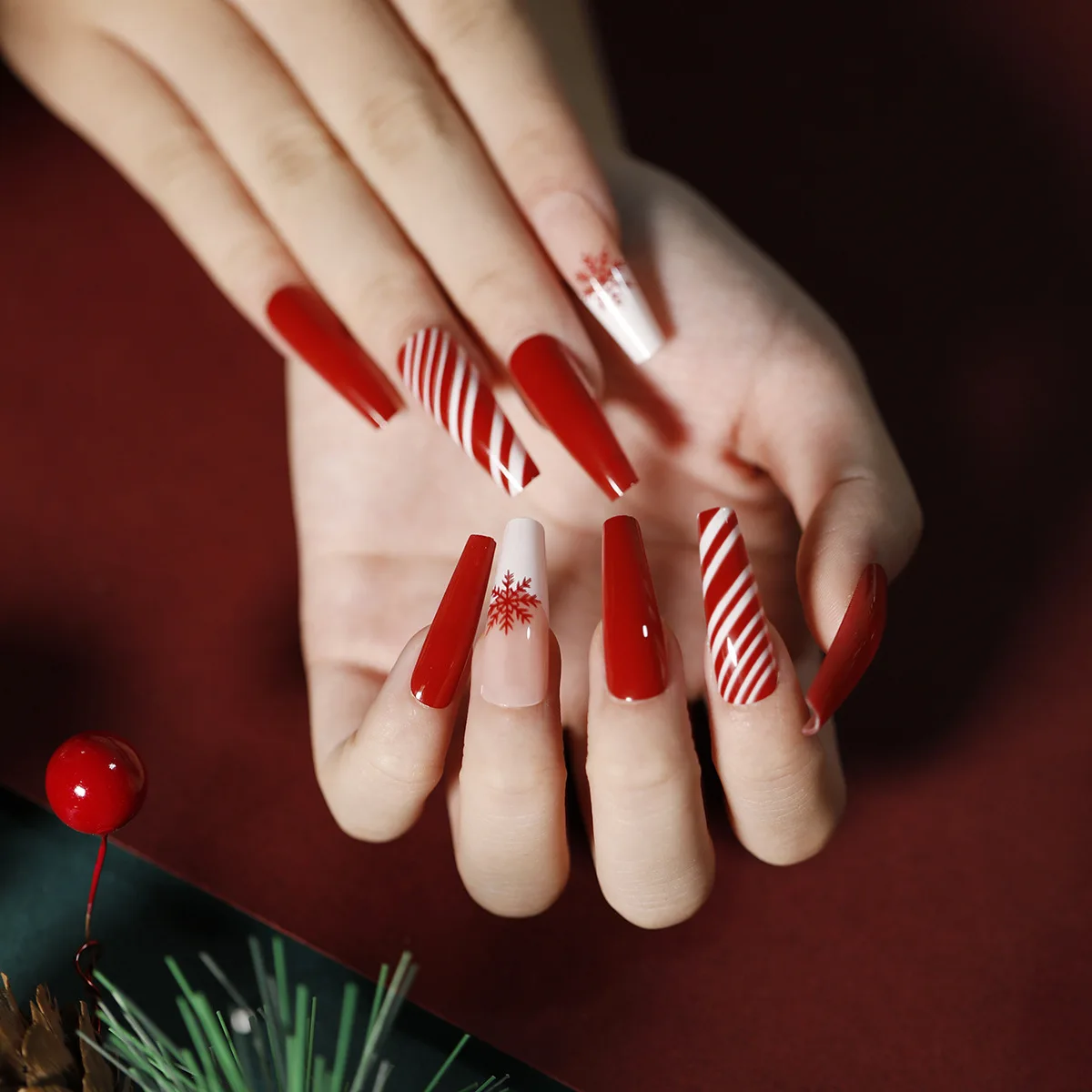 Christmas Snowman Glitter Press-On Nails - 24 Pcs/Set