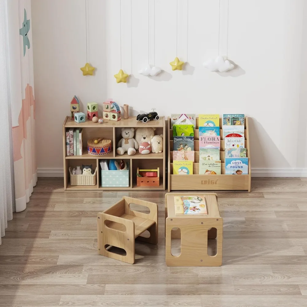 2-Tier Solid Wood Shelves Toy Organizers and Storage,5-Compartment Storage Cabinet with 4 Wheels,for Toddler Kids Room 6