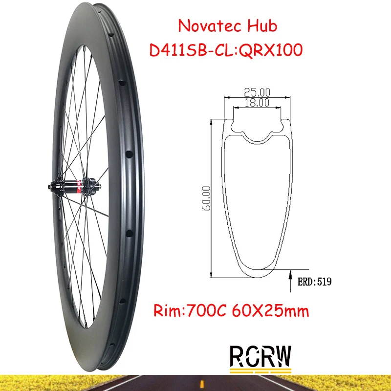 

700C Road 60x25mm Front Wheelset Carbon Rim 24 Hole Tubeless Clincher 60 Wide 25 Deep Novatec D411SB-CL Center Lock Hub