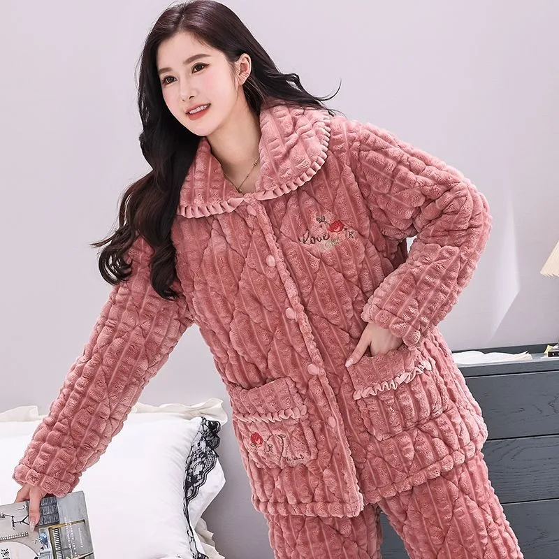 2023 New Pajama Women's Winter Autumn Thickened Fleece Cotton Loungewear Middle-aged Elderly Three-layer Mother's Homewear Set