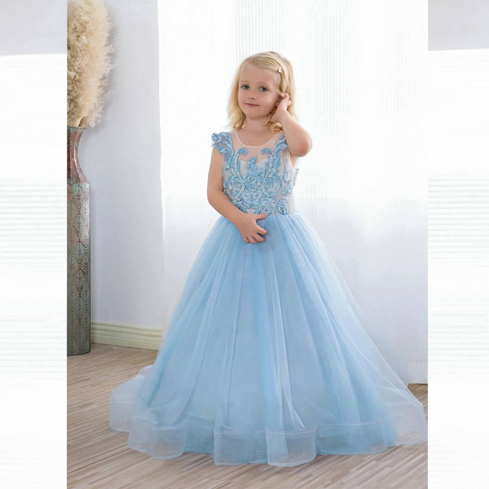 

Light Blue Sleeeveless Flower Girl Dress Appliques Tulle Christmas Birthday Party Dress for Kids A-line Princess First Communion