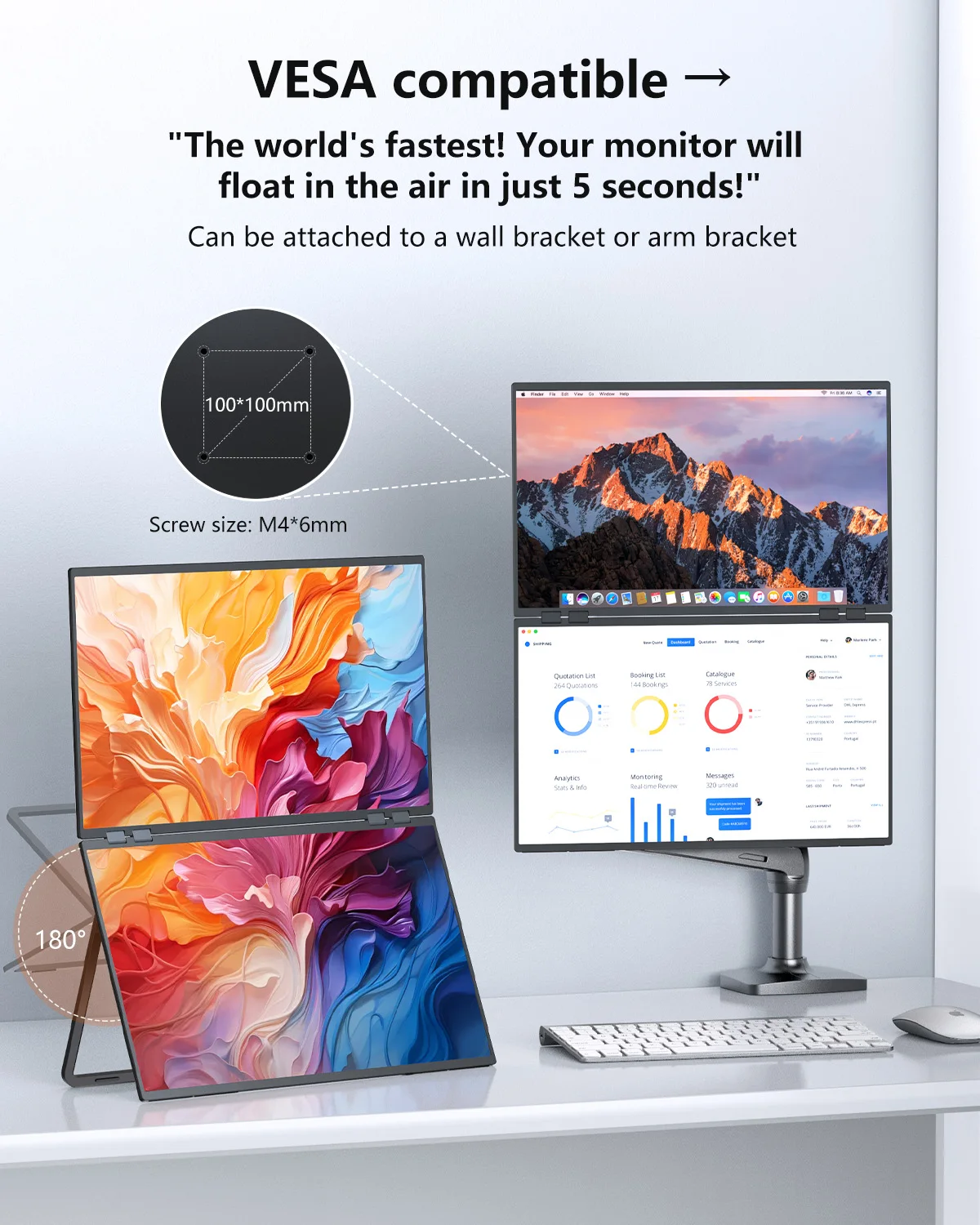UPERFECT Delta 23.8인치 100Hz 듀얼 휴대용 모니터 1080P 스택형 디스플레이 USB-C HDMI 트리플 노트북 화면 확장기 내장형 킥스탠드 VESA 마운트 가능 노트북 PC Mac Win