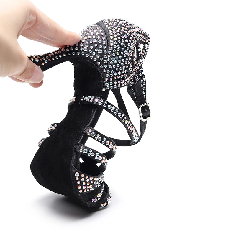 HROYL Ballroom Latin Dance Shoes Ladies Girls New Silk Satin Shiny Rhinestone Cuban High Heels Party Salsa Dance Shoes Women 6