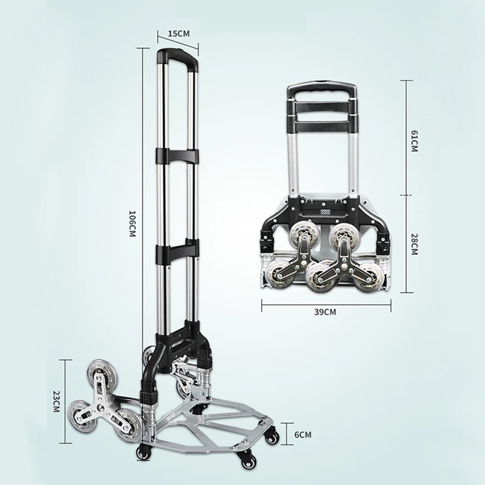 150KG All Terrain Stair Climbing Cart Hand Truck Folding Trolley for Upstairs Cargo with 6 Crystal Wheels with Bungee Cord