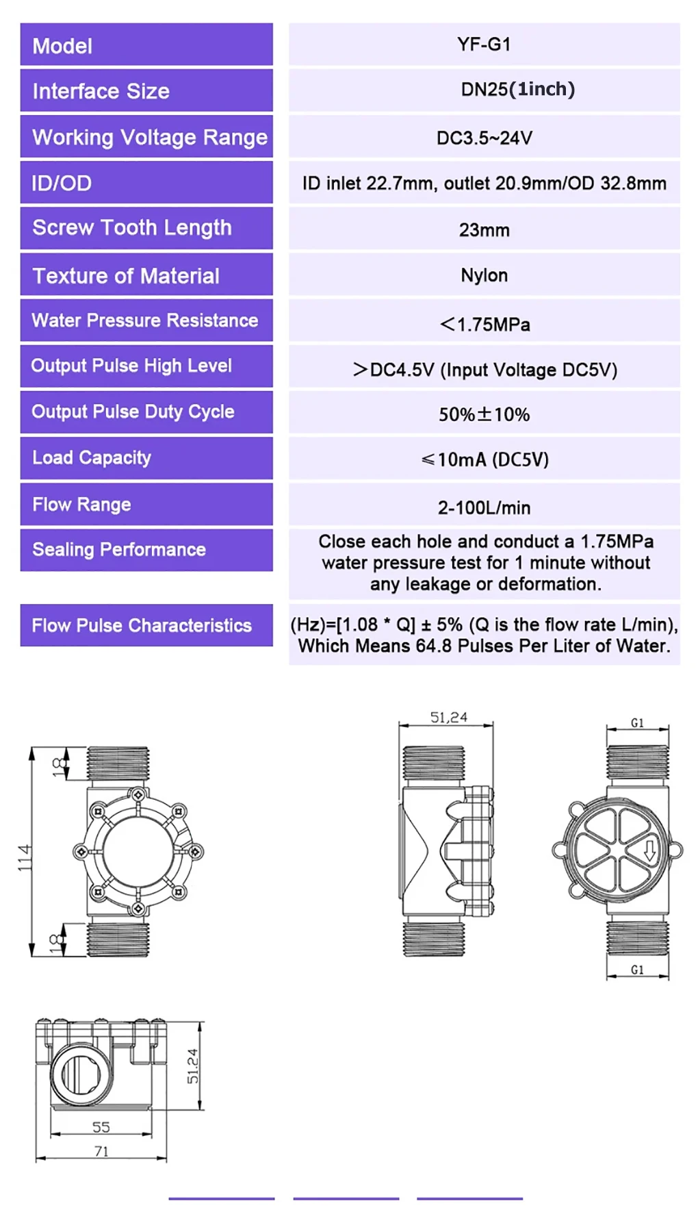 Water Flow Sensor High Precision Liquid Flow Rate Sensors NPN Pulse Signal to 48