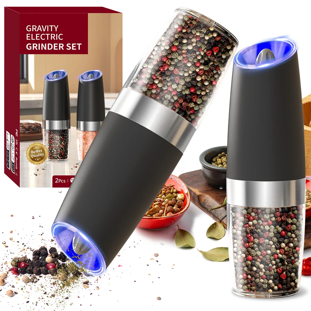 Gravity Sensing Electric Salt and Pepper Grinder for Kitchen Adjustable Coarseness Battery Automatic Spice Grinders Cooking Tool