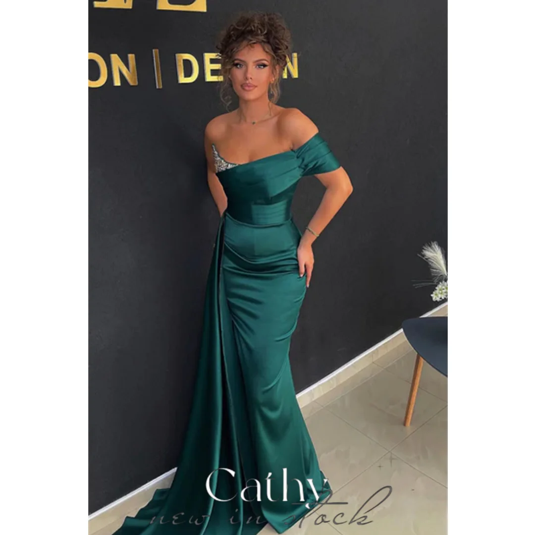

Cathy Dark Green Prom Dresses Sleeveless Satin Mermaid فساتين السهرة Elegant Long Train Floor-length Zip Back Vestidos De Noche