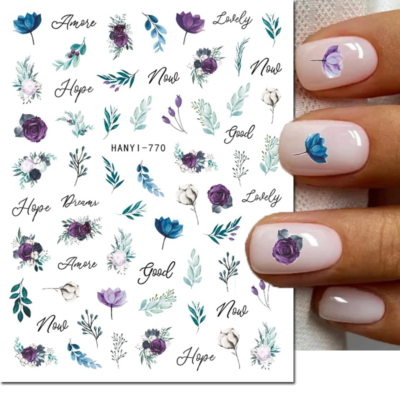 

3d Nail Art Decals Dark Purple Roses Blue Lotus Flowers Leaves Adhesive Sliders Nail Stickers Decorations For Nails Manicure