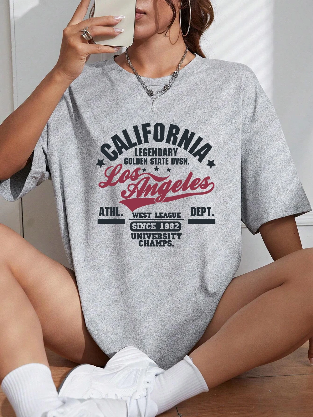 California Oakland Athletic Letter Prints T-Shirts Damen Sommer Baumwolle T-Shirt Lose O-Ausschnitt Weiche Bequeme Tops Freizeitkleidung – Detail 10