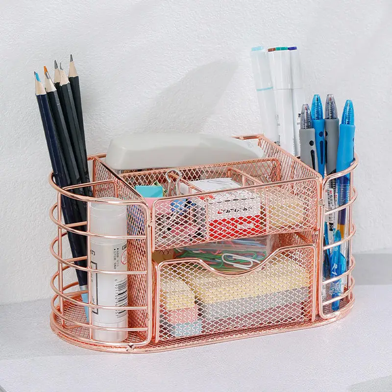 

Exquisite Gold Rose Gold Mesh Pen Holder Decorative Iron Stationery Holder Multiple Compartments Desktop Organizer Holder