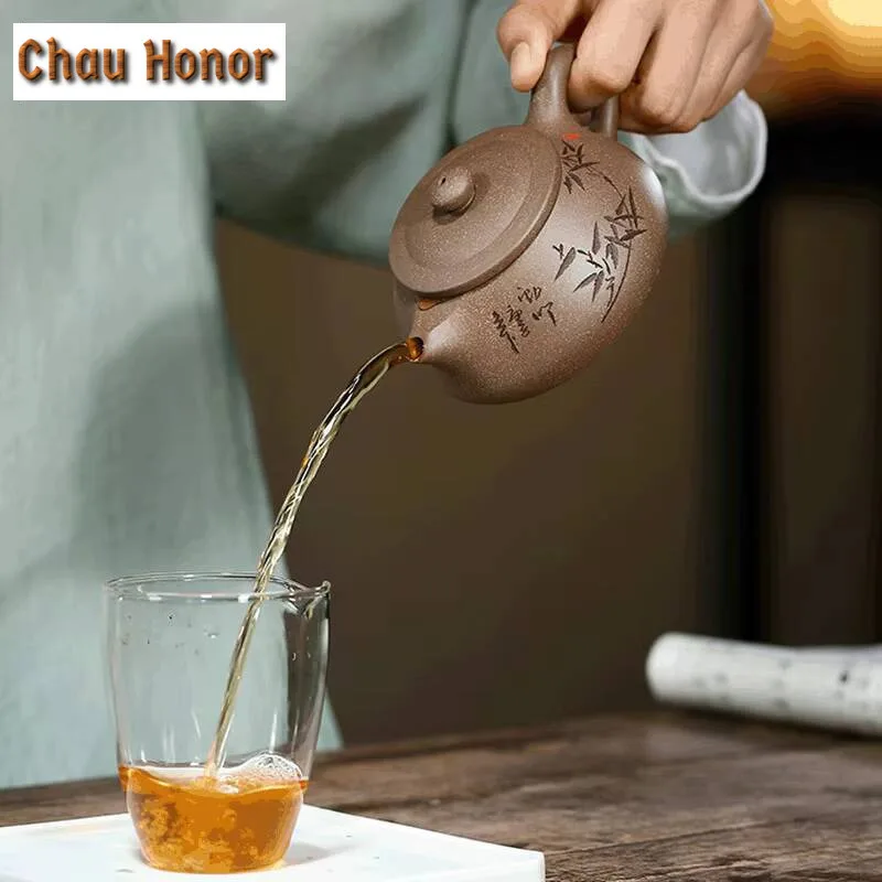 220ml Yixing Purple Clay Teapot Master Handmade Carve Bamboo Tea Pot Raw Ore Graphite Section Mud Kettle Chinese Zisha Tea Set