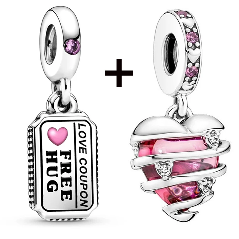 2Pcs/lot Pink Enamel Heart Mom Charm Pendant Crystal DIY Beads Bracelets Necklaces For Women Girlfriend Jewelry Accessories Gift