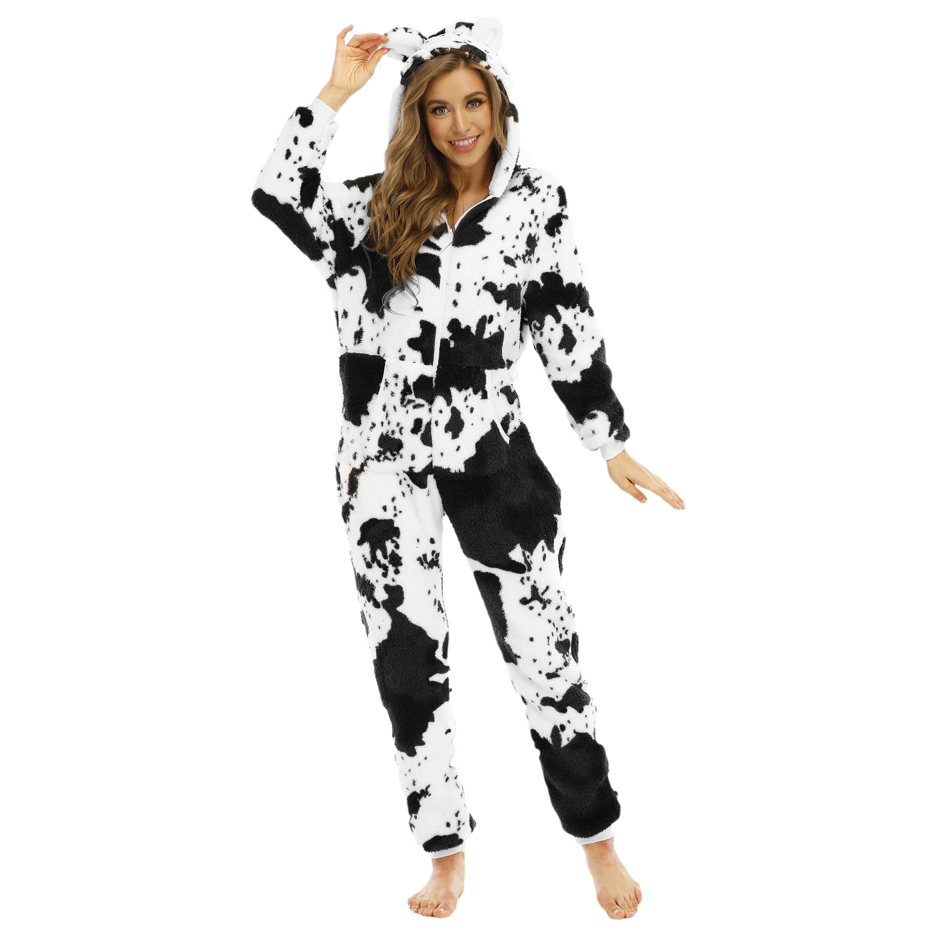 Winter Warm Cow Print Pyjamas Women Onesies Flannel Sleepwear Size XXL Hood Sets Pajamas For Women Adult