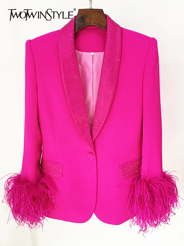 TWOTWINSTYLE Temperament Patchwork Feathers Blazer For Momen Lapel Long Sleeve Spliced Button Designer Blazers Female Style New