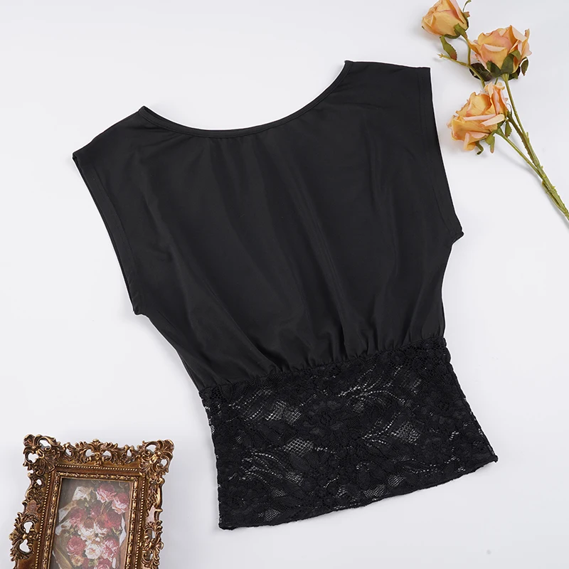 SUCHCUTE Elegant Sexy Inclined-Shoulder Lace Patchwork Waist-Defining T-Shirt Women'S Short-Sleeve Tee Y2K Top Summer Party Club - الصورة 5