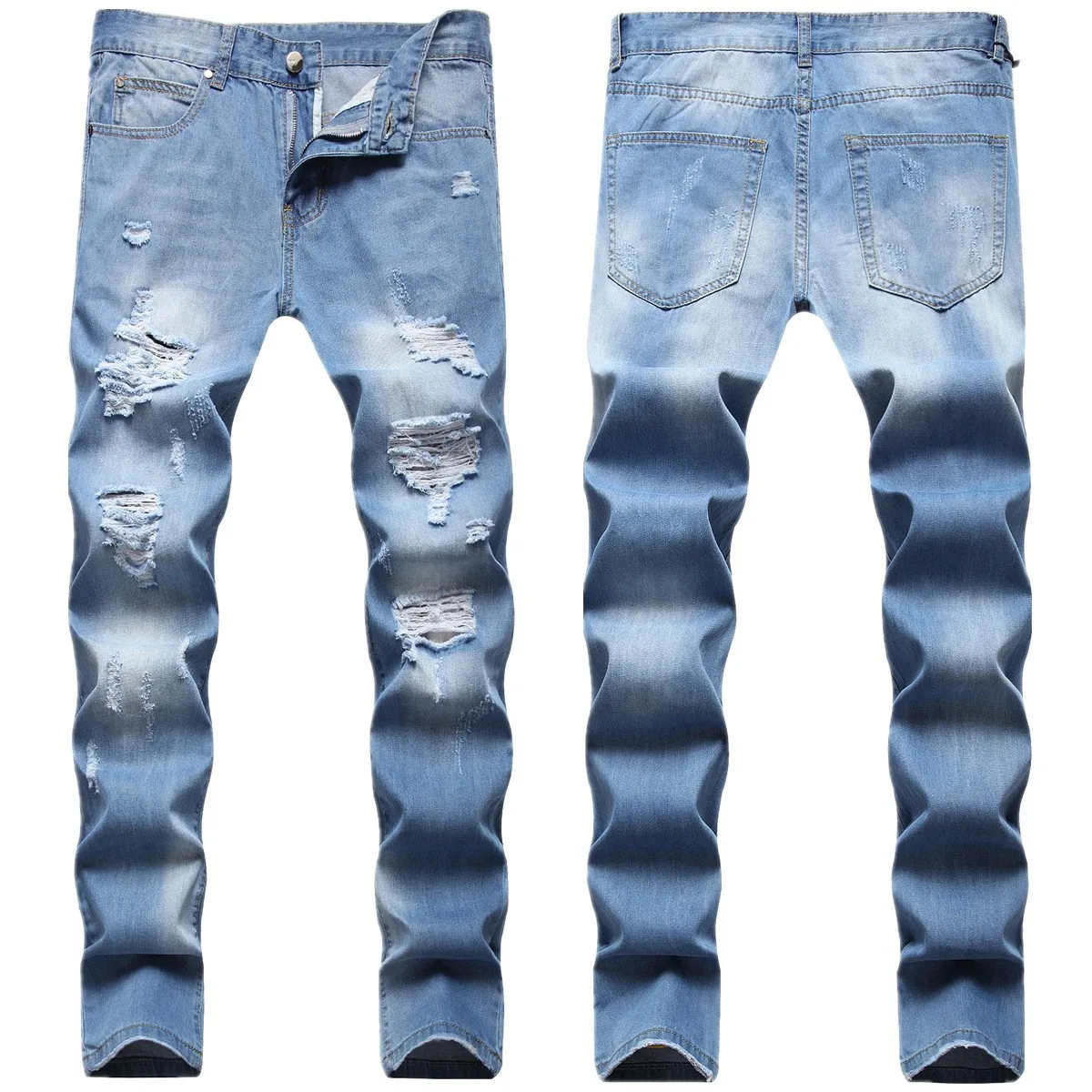 

Pants trend Hip hop broken beggar multi monkey craft light blue small straight leg jeans men