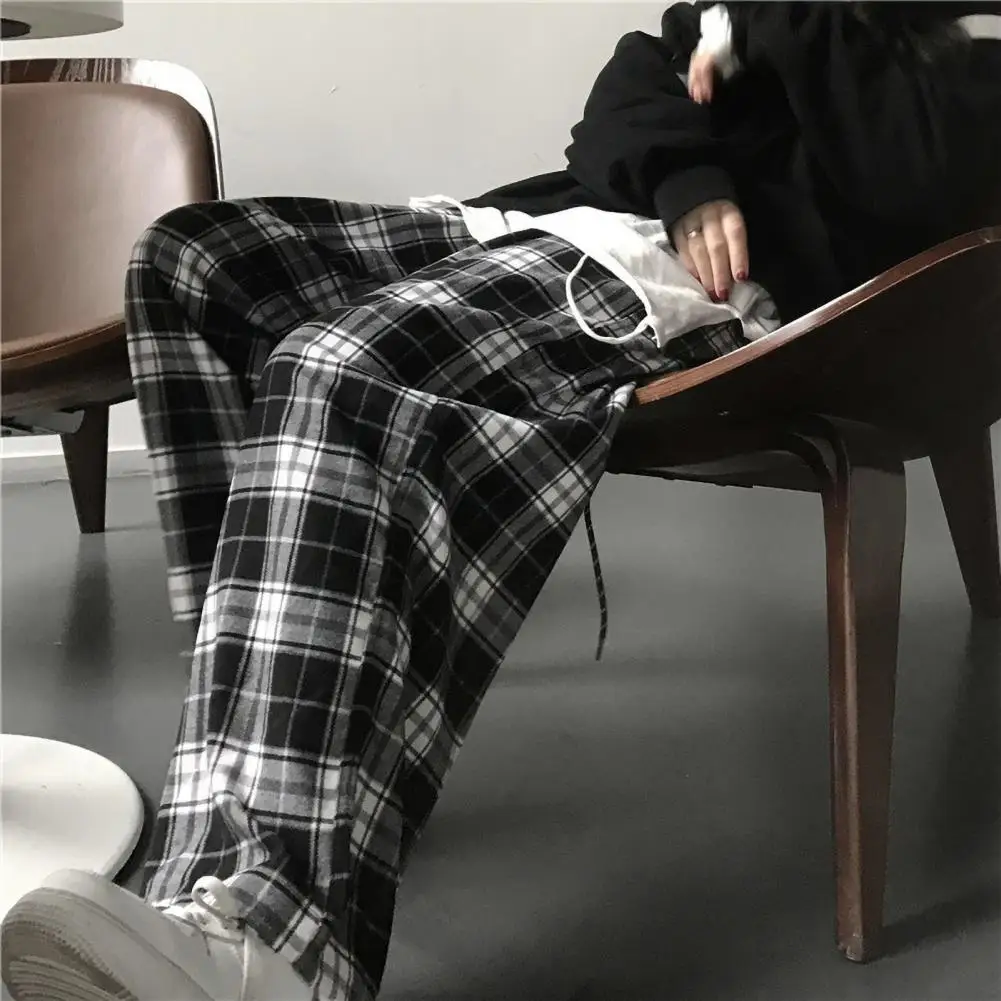 

Women Trousers Plaid Print Wide Leg Sweatpants for Women High Elastic Waist Streetwear Trousers with Loose Fit Sporty Full