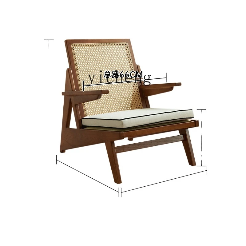

ZC Retro Single-Seat Sofa Chair Living Room Home Solid Wood Rattan Balcony Leisure Armchair