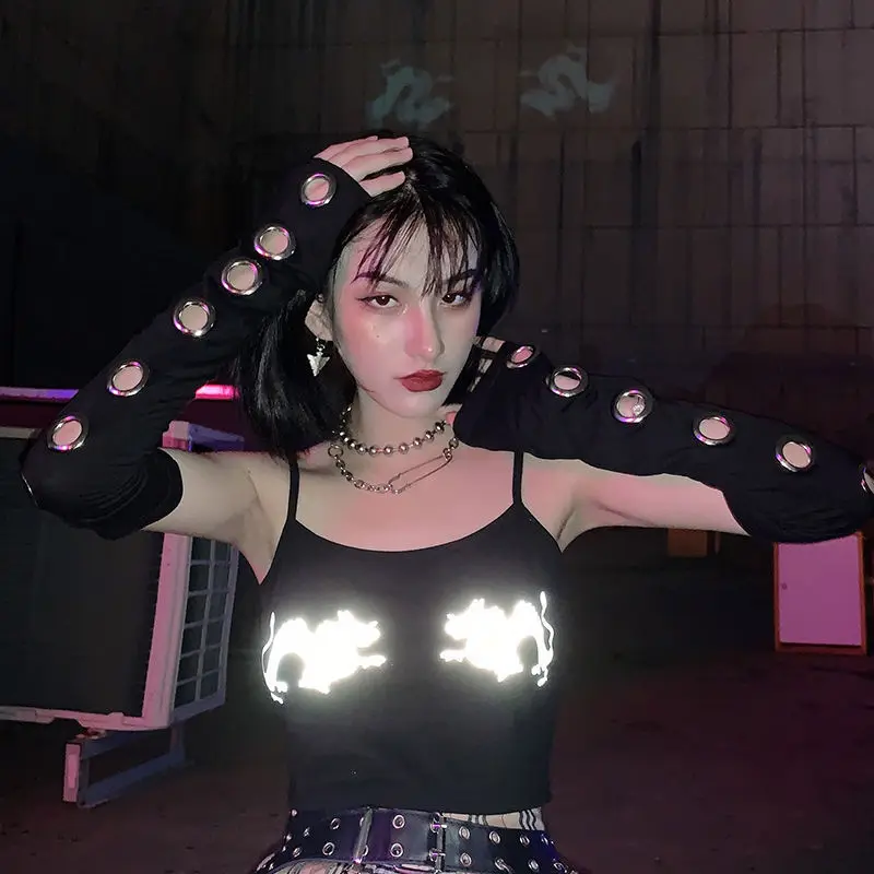 Women Fashion Y2K Aesthetic Gothic Long Gloves Spring Summer Striped Harajuku Knitted Half-finger Gloves Mitten Accessories